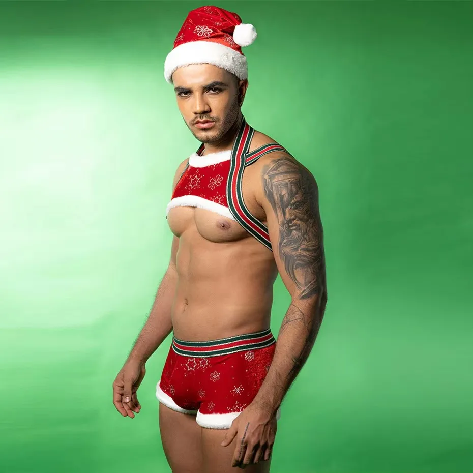 HODEANG Sexy Red Harness Pants Bodysuit Set Men Christmas Cosplay Lingerie