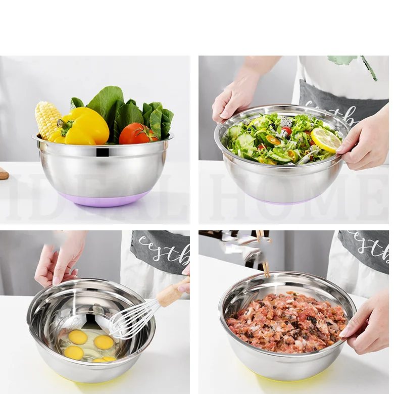 Multiple sizes thickening multicolor lid salad bowl stainless steel mixing bowl with silicone base