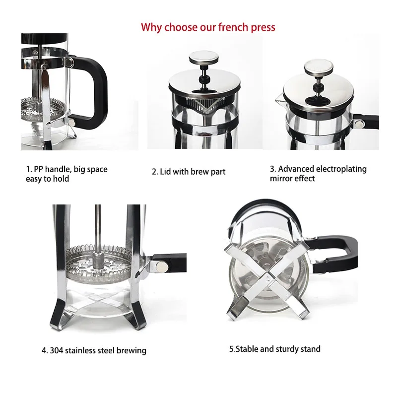 high borosilicate glass french press coffee maker coffee plunger 304 stainless steel