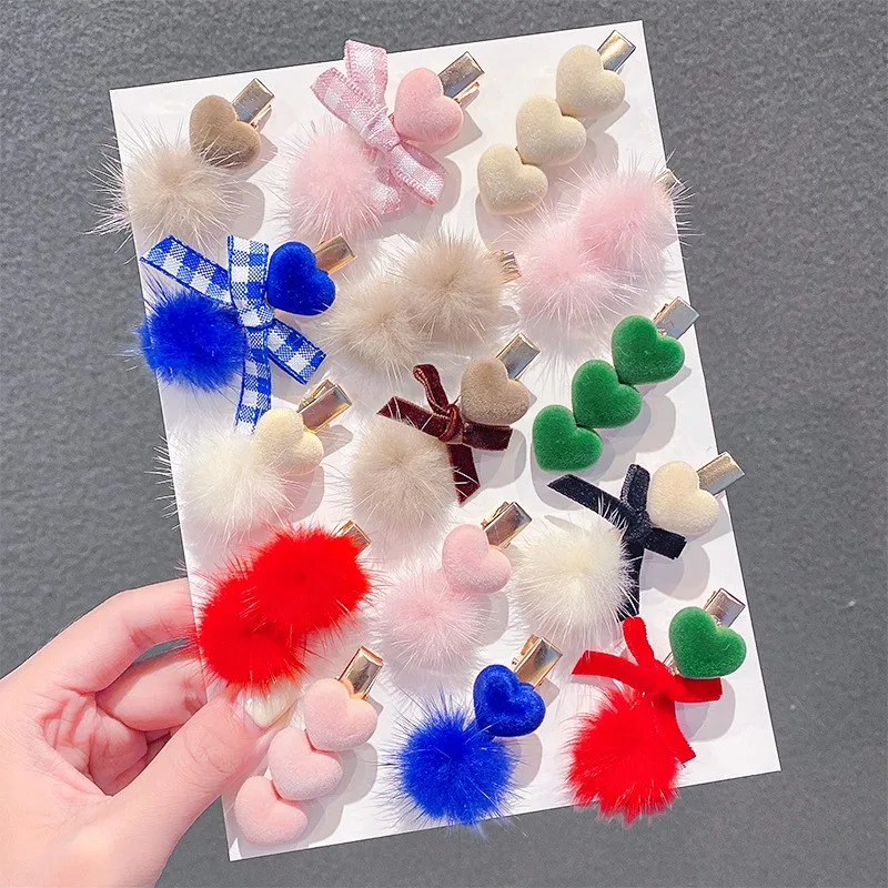 4pcs/set New Klein Blue Mink Hair Ball Hairpins Set Girl Bowknot Love Metal Temperament Set Hair Accessories