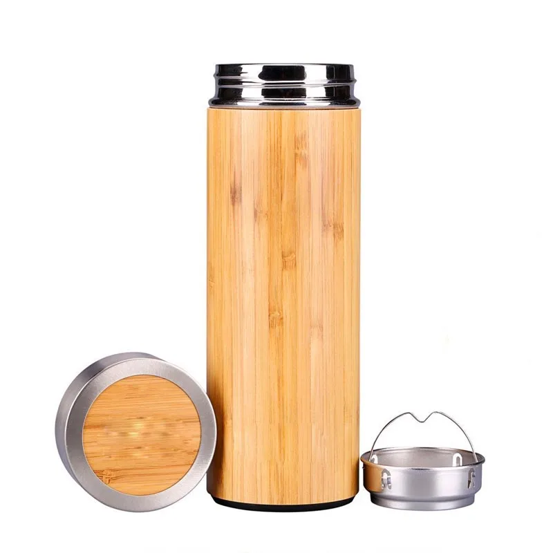 Eco-friendly 500ml Stainless Steel Infuser Bamboo Thermos Travel Coffee Cups Water Bottles