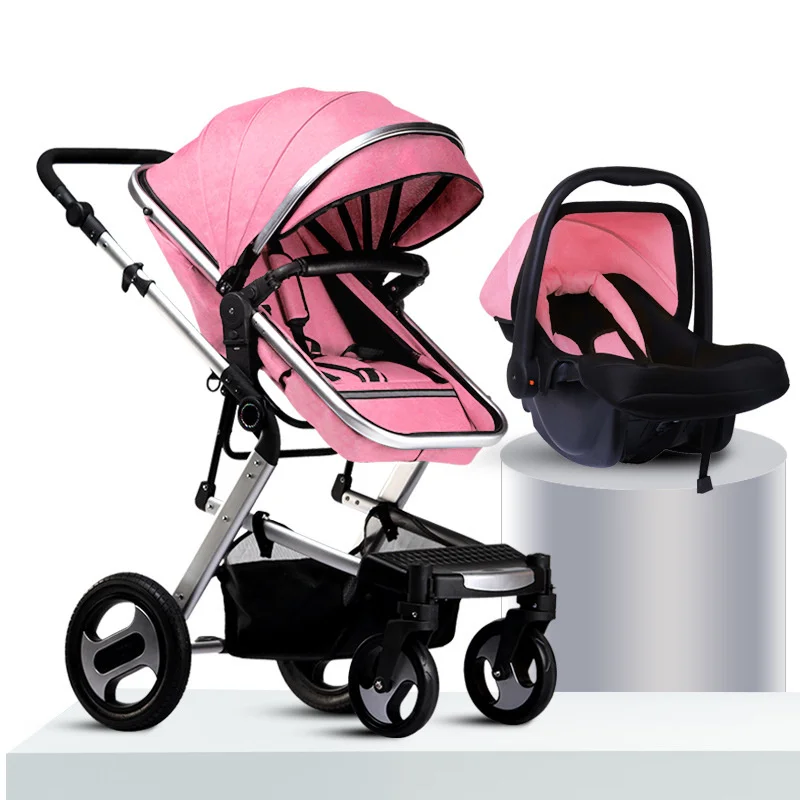 2023 Hot Selling Modern 3 In 1 Pink Baby Stroller Easy Fold Two-Way High Landscape Pram