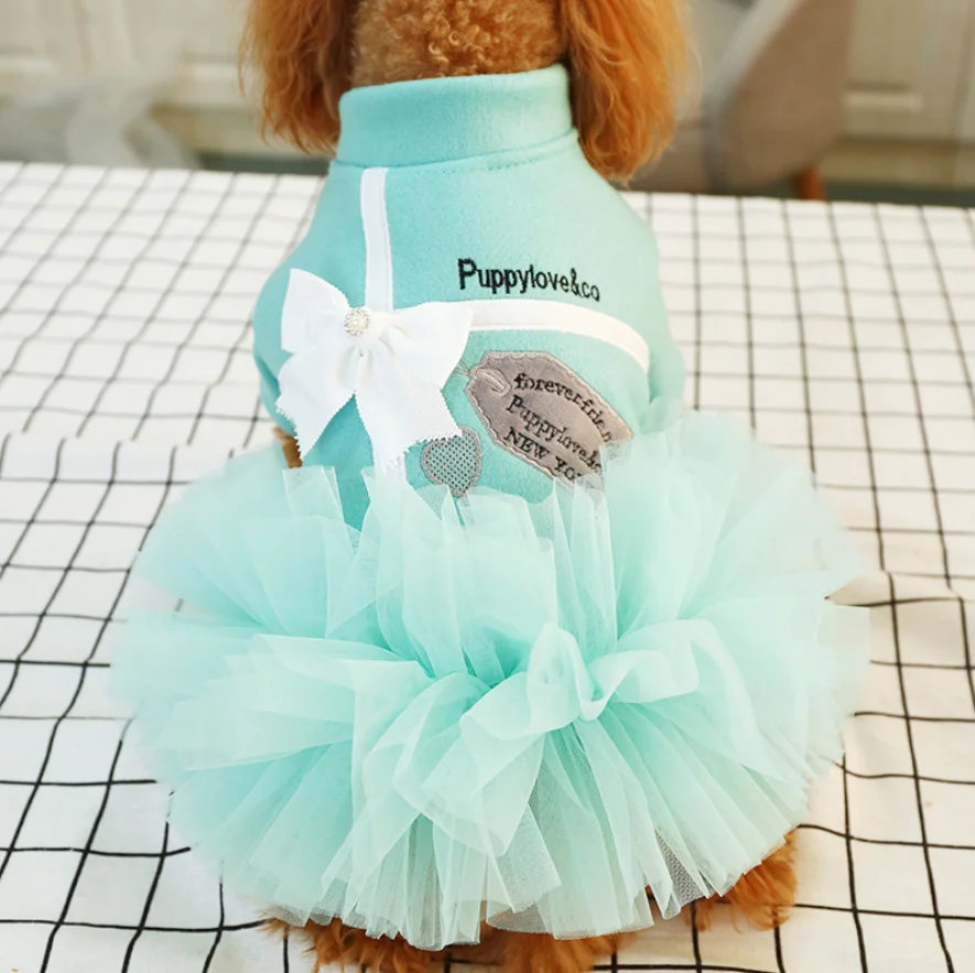 Warm Pet Clothes Wholesale Blue Cute Net Yarn Princess Dog Dress Brand Designer