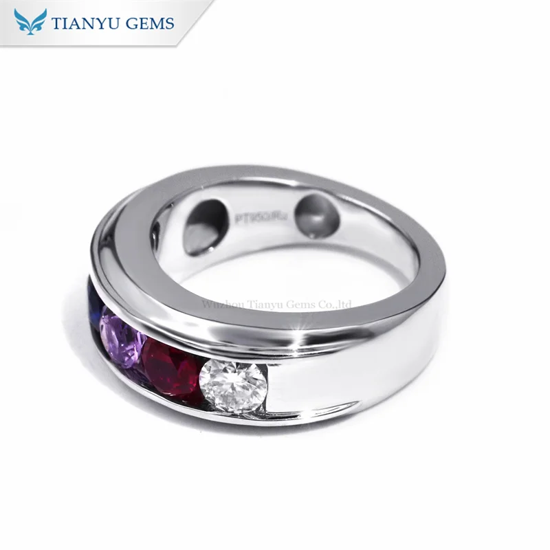 Tianyu gems private custom make round cut colorful ruby purple blue sapphire and moissanite 4.5mm Platinum rings for men