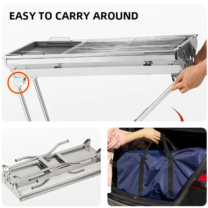 Outdoor Camping Multi-functional Metal Portable BBQ grill Easy Carry Foldable Stainless Steel Barbecue Charcoal Grill