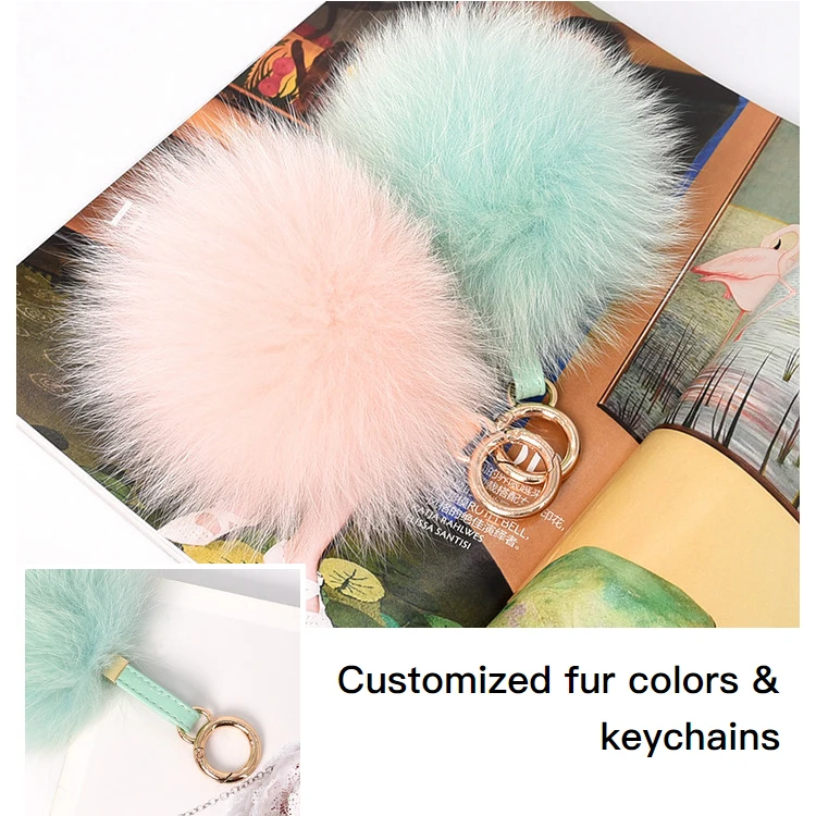KAZUFUR Fox Fur Pom Pom Keychains  for Lady Handbag/bag charm Real fur ball Keychain