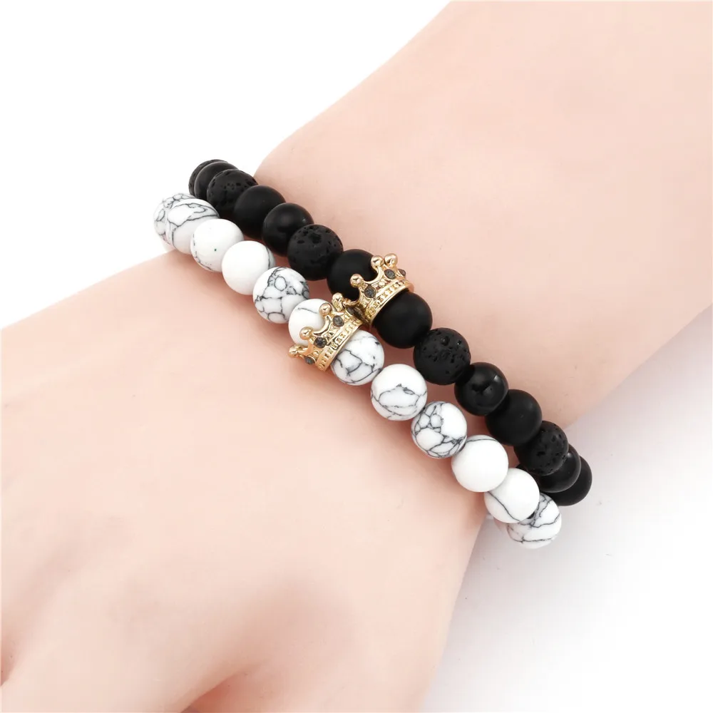 Hot selling crown diamond for men and women bracelet black frosted white turquoise couple set bracelet