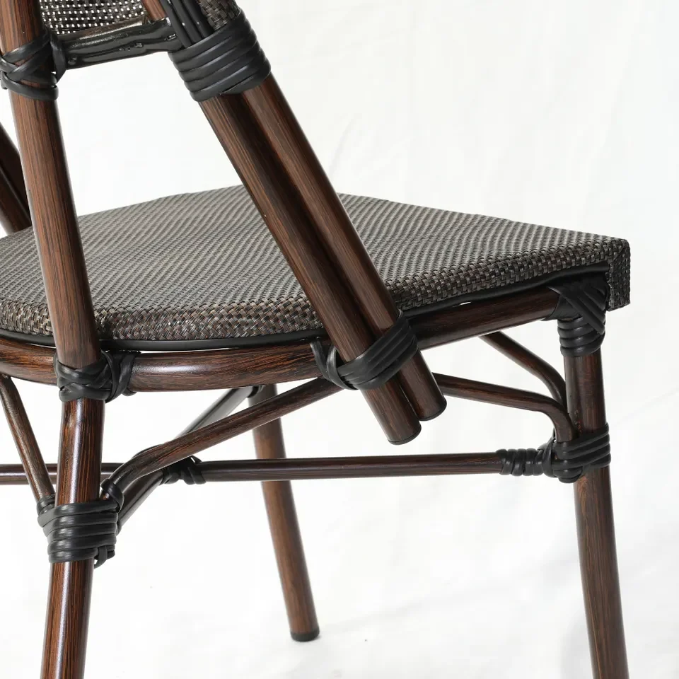 Outside french rattan bistro chair outdoor dining furniture custom bistro pe rattan textile garden cafe chair set