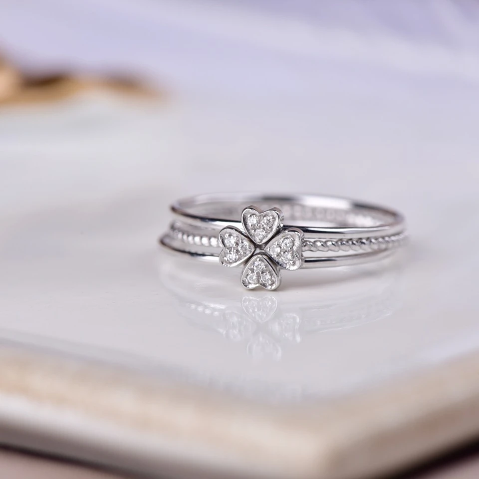 Heart Cut Real Diamond Solid White Gold Anniversary Jewelry Gift 18K Triple Ring Pure Gold Engagement Rings Wedding Ring Set