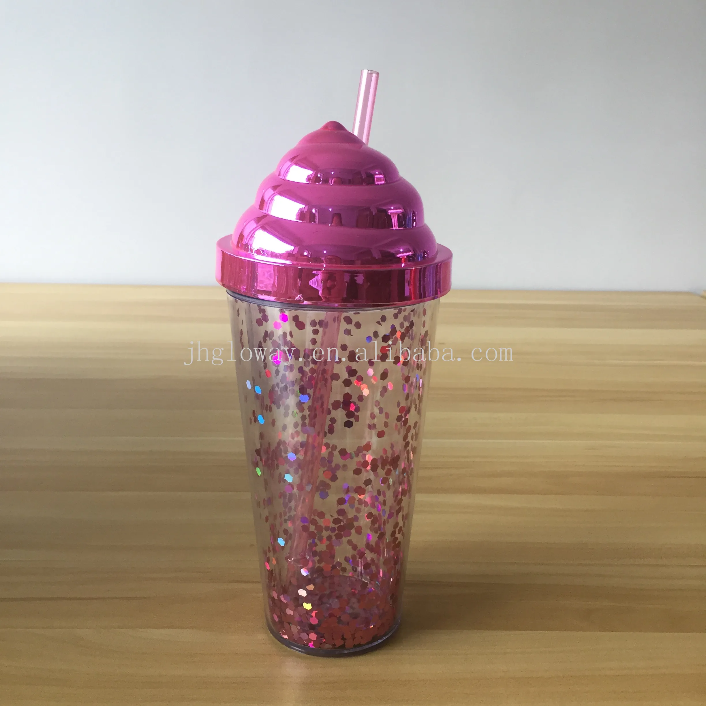 16oz  Acrylic ice cream tumblers colors double wall  with plastic straw in stock