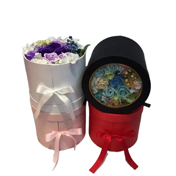 18 pcs Transparent Wedding Gift Separate Closure Lid Cylinder rotate Paper Box with transparent lid Ribbon For Flower Bouquet