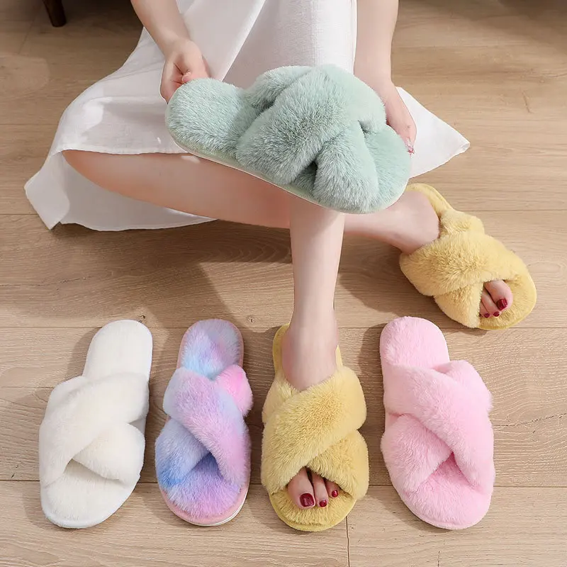 Wholesale Fashionable Cross Strap PVC Sole Winter Warm Fluffy Indoor Plush Faux Fur Home Soft Slippers for Women Lady
