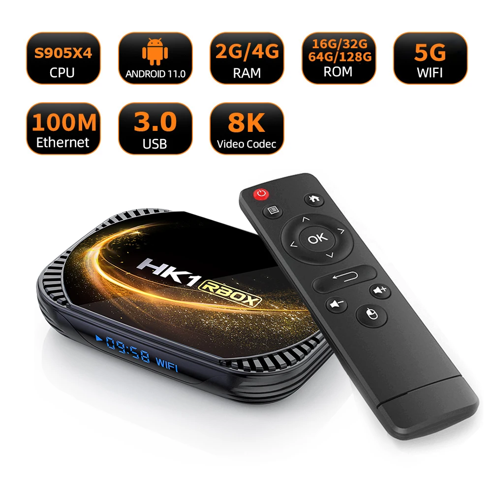 Android 11 TV  BOX  HK1 RBOX X4S S905X4 Quad Core 4G 128G Smart TV BOX 8K Video Codec 5G Dual WIFI 100M LAN TV Set Top Box
