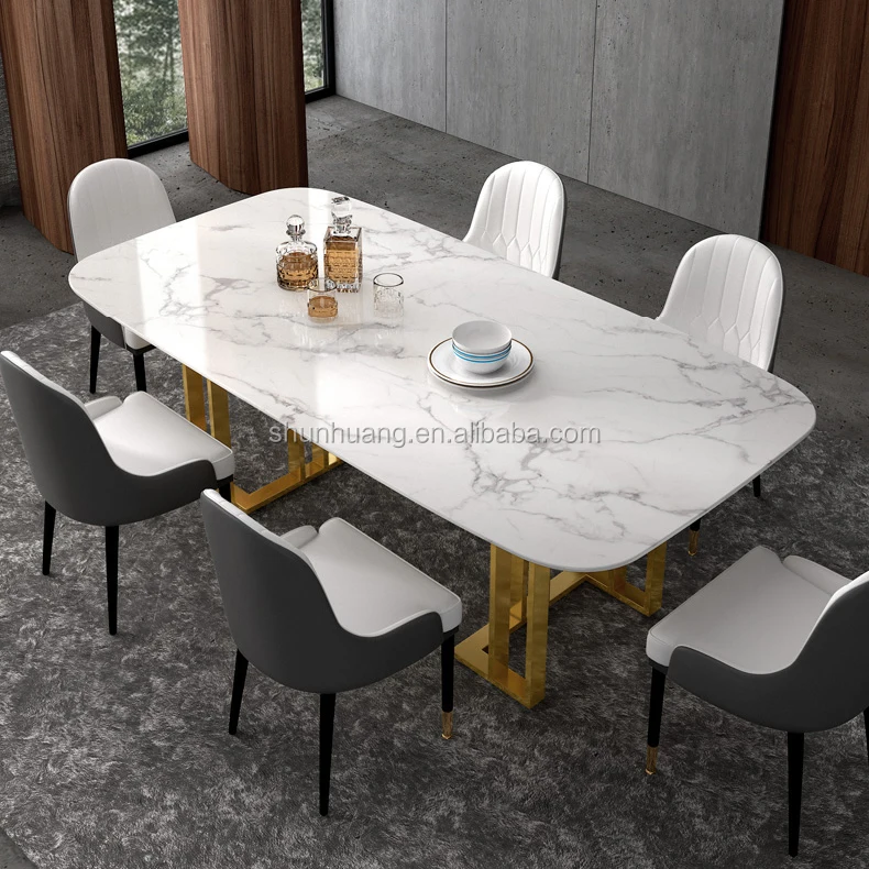 
Elegant style stainless steel dining set kitchen furniture with rectangle marble table 