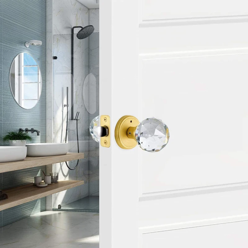 Satin Brass Crystal Glass Door Knobs Interior with Lock Privacy Bathroom Bedroom Gold Door Knobs Door Lock