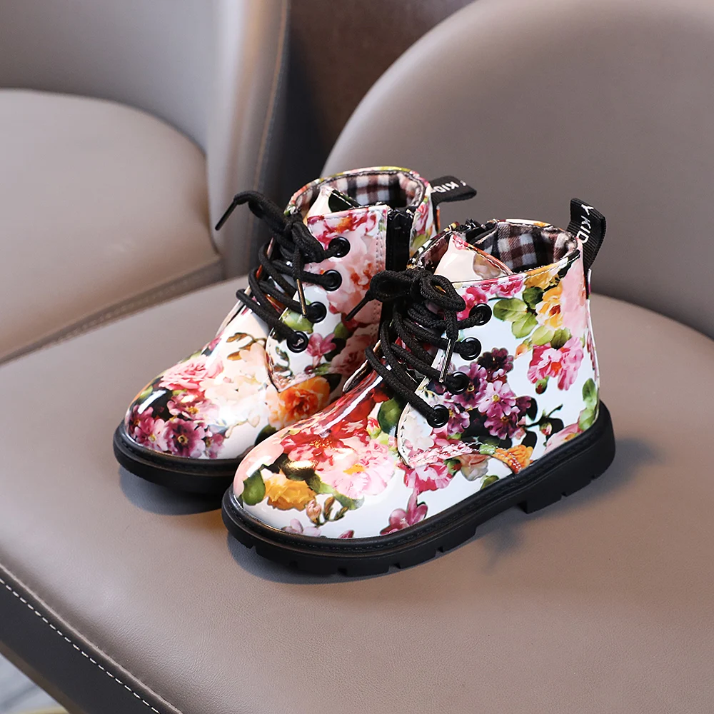 
Hot Sale Winter New Fashionable Style Flower Printed Leather Kids Boots 