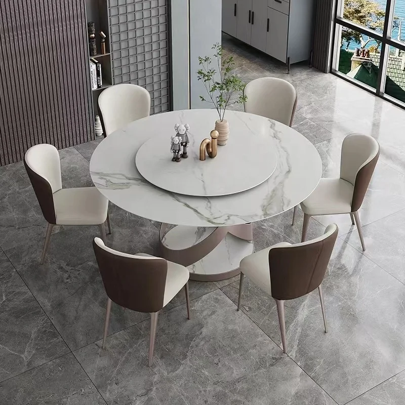 Modern design Italian carbon steel leg rock plate round table sintered marble table with 6 dining chairs