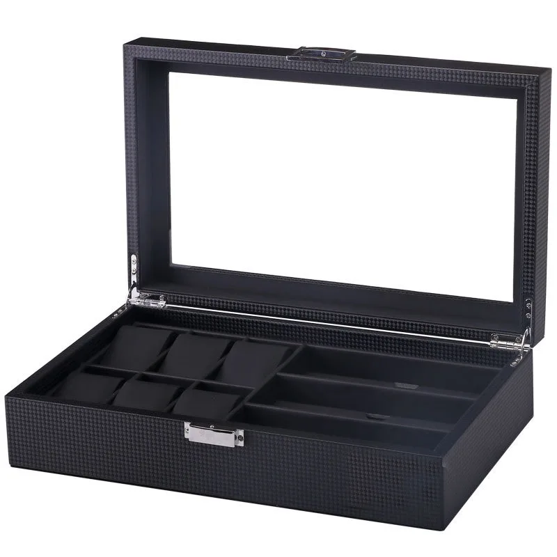 Carbon Fiber Black PU Leather  6 Watch 3 Glasses Eyewear Storage Show Display Case Box