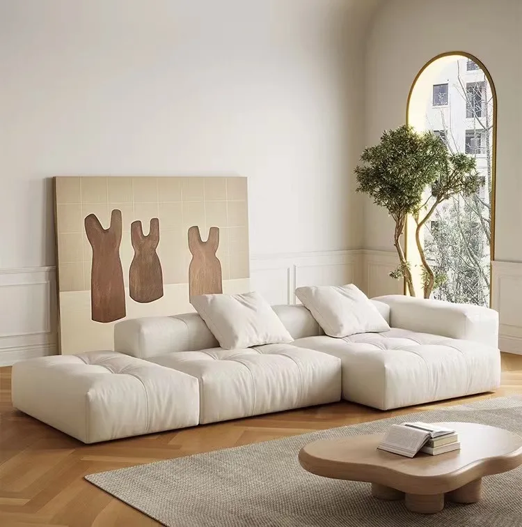 ATUNUS Nordic Minimalist Square Soft Beige Floor Sofa Modular Sectional Beige Sofa Couch Set