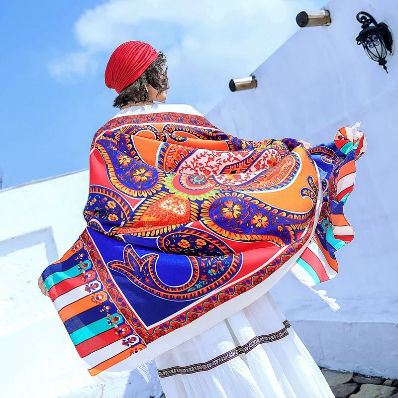 Custom printing silk Cotton  linen scarf scarf women summer travel  big shawl ethnic Voile beach towel