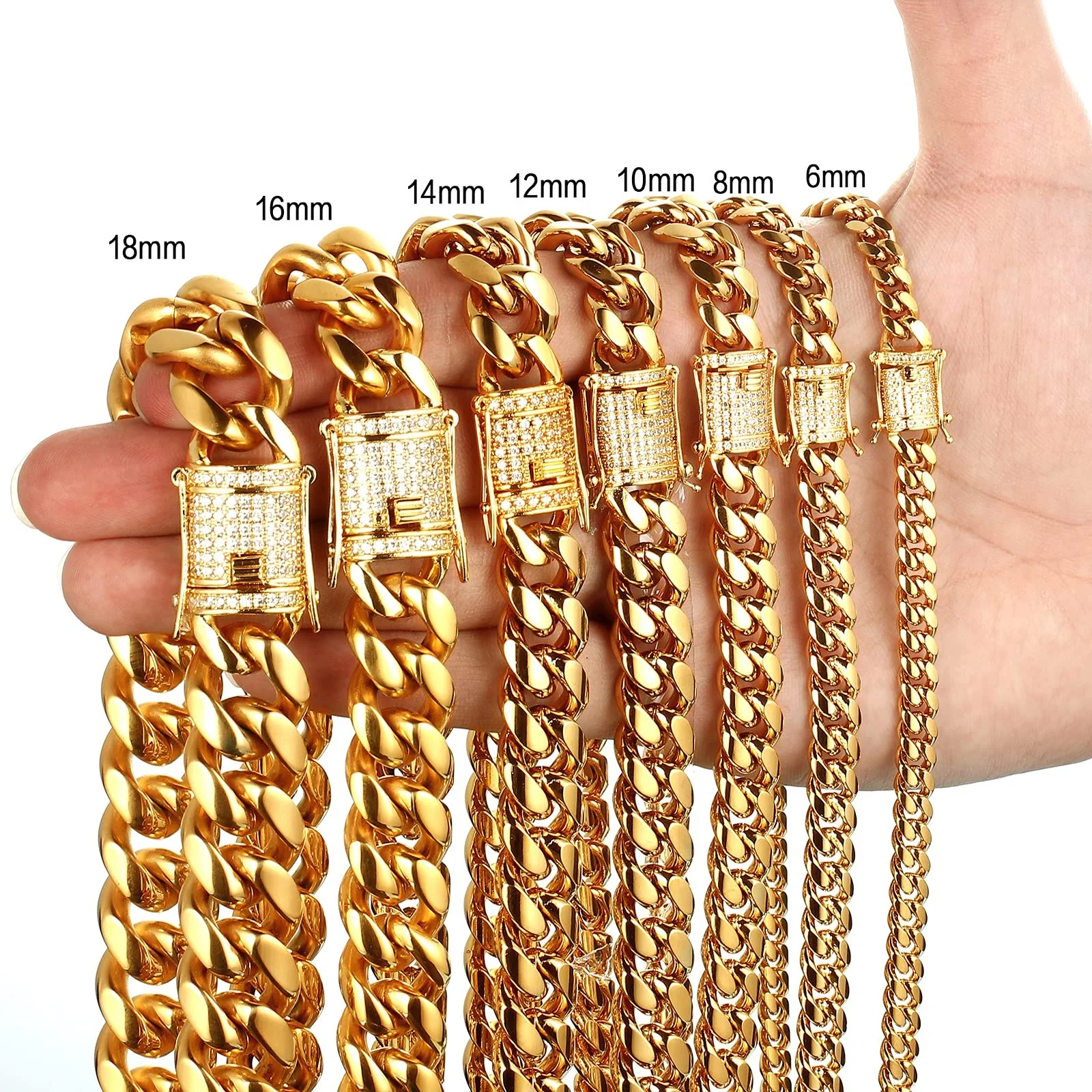 Miami Hip Hop Fashion Jewelry 14K 18K Gold Stainless Steel Zircon Buckle 6-18MM Chunky Cuban Link Chain Necklace for Women Men