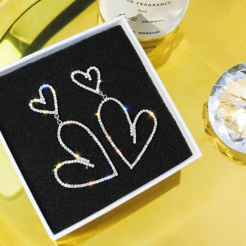 Big Rhinestone Heart Dangle Earrings Korean Style Full Rhinestone Crystal Bling Bling Earrings for girl