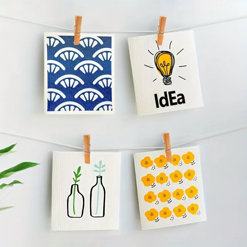 HOSHOM Printed Swedish Cloth Dish Cloth Dish Drying Swedish Natural Dishcloth Cleaning Cellulose Sponge Cloths