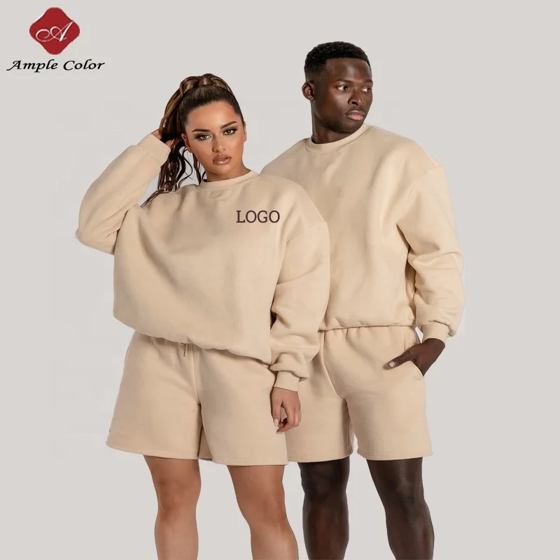 Custom Cotton Jogging Suits Own Logo Two Piece Sweatshirt And Jogger Shorts Fleece Women Mens Track Suit Sets Unisex Sweat Suit