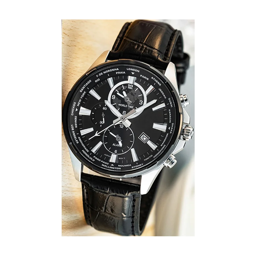 Popular stainless steel case calendar alarm GMT Japanese movement men waterproof quartz watch