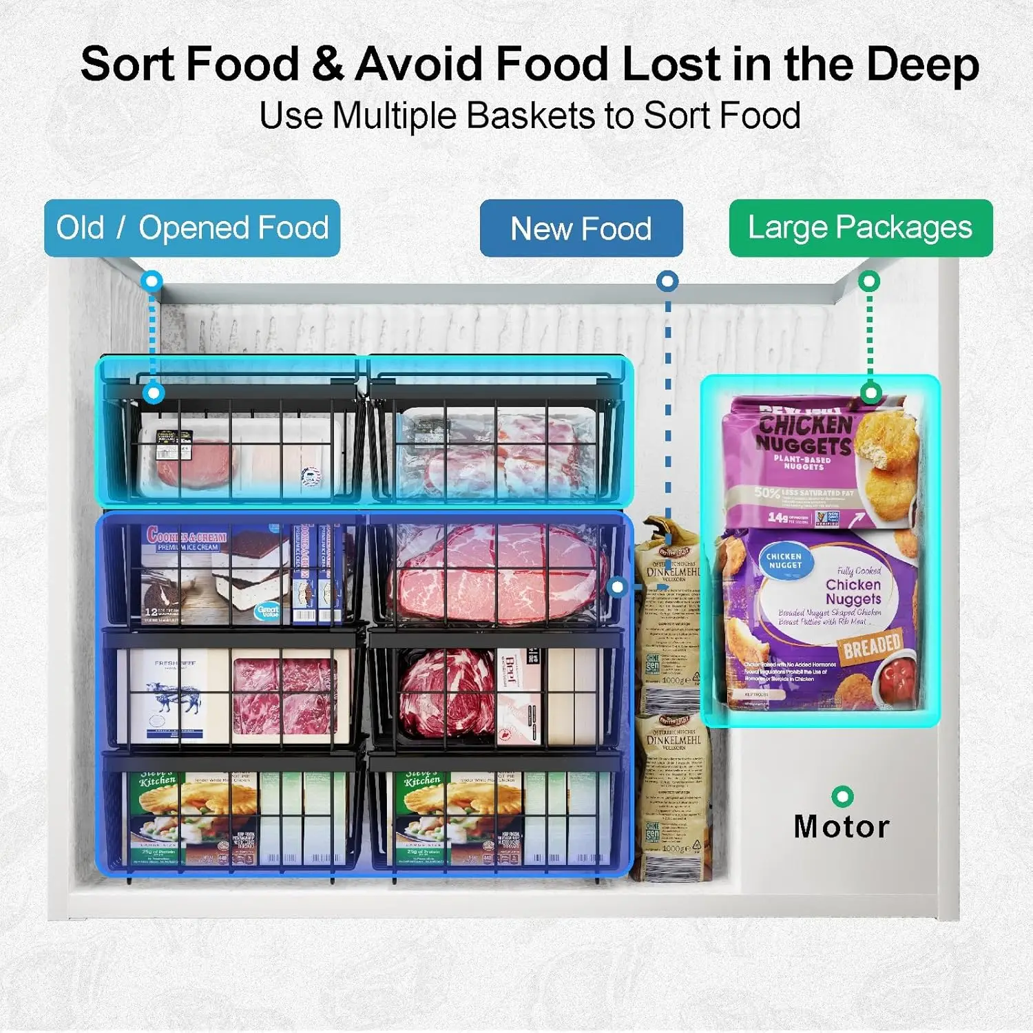 Large Expandable Stackable Deep Freezer Organizer Bins Sort and Easily Get Food with Handle