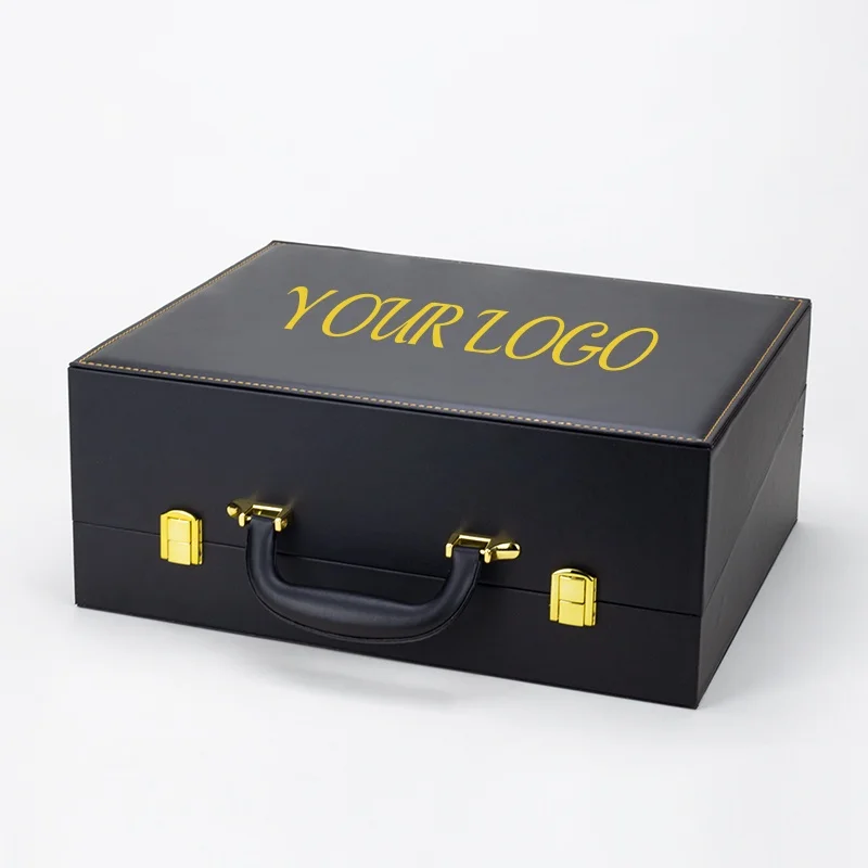 Custom Black Leather Gift Box Cosmetics Home Use Beauty Equipment Packaging Box Luxury Clothing Packaging Boxes With Handle