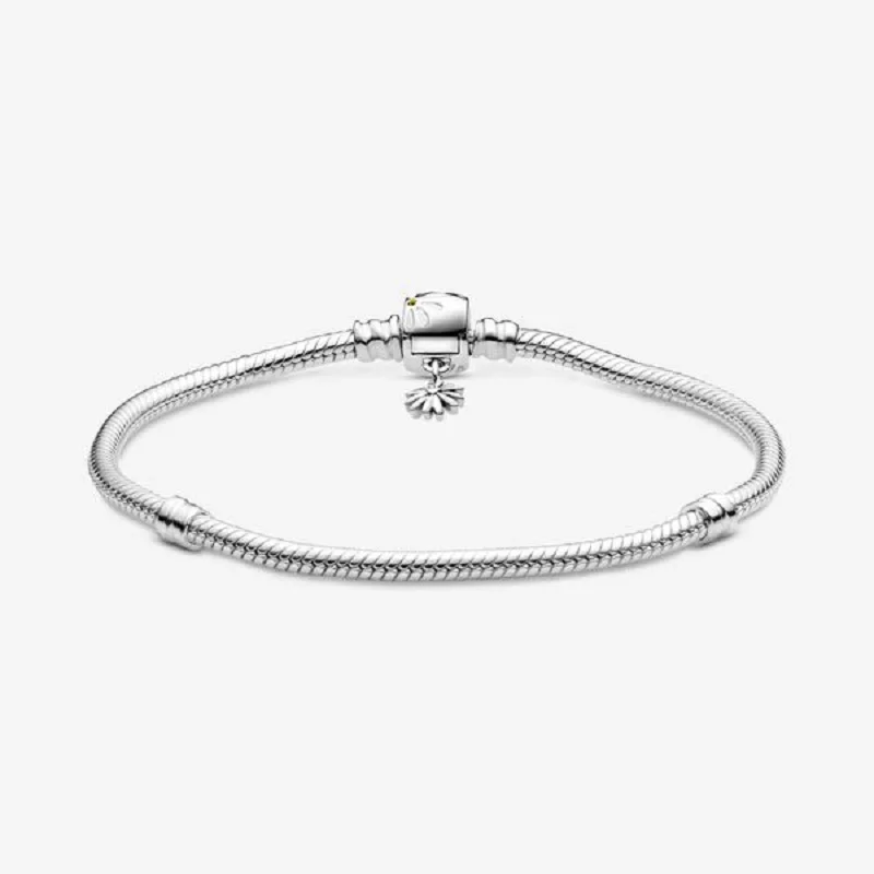 White Enamel Daisy Flower Barrel Clasp With Yellow Crystals and CZ Dangling Flower S925 Sterling Silver Snake Chain Bracelet