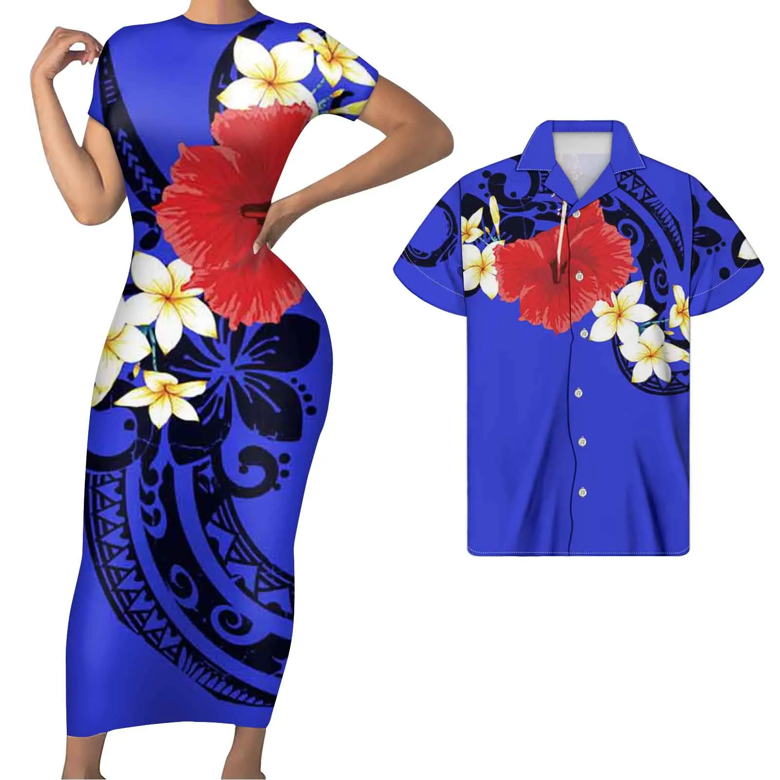 
New Maxi Dresses Women Couple Suit Polynesian Pattern Women For Club Dress Long with Shorts Sleeve Match Men Shirts Plus Size 