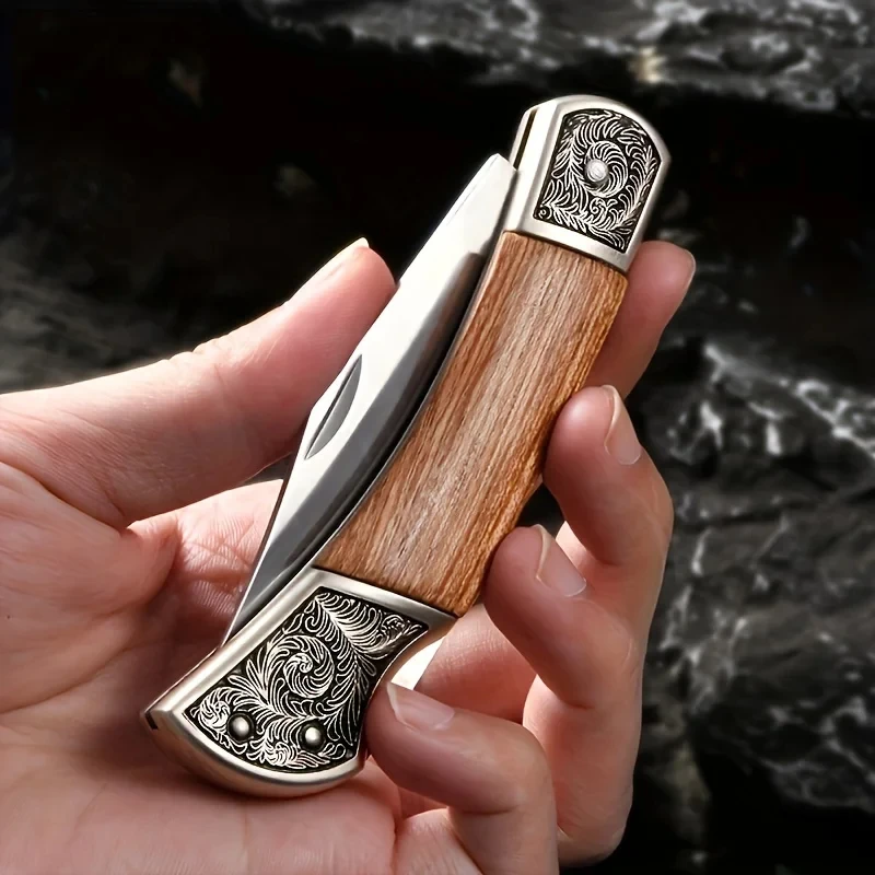 Folding Pocket Knife Stainless Steel Folded Utility Knife Wood Handle Pocket Knife for EDC Outdoor Camping Survival