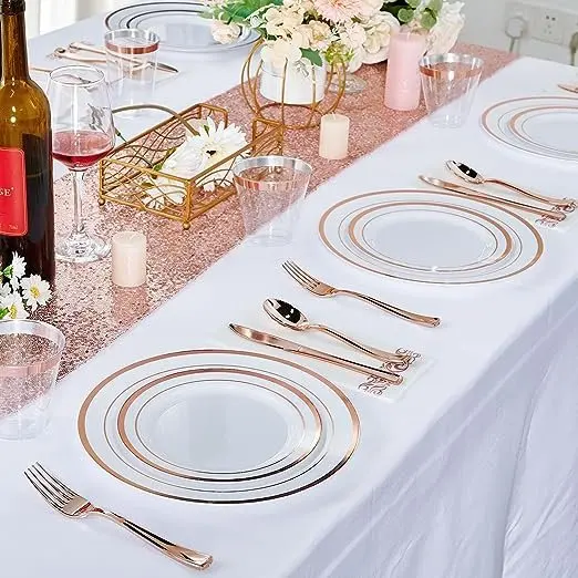 25pcs Gold Edged Hot Stamping Plates Party Tableware Disposable Paper Plates And Cups Party Tableware
