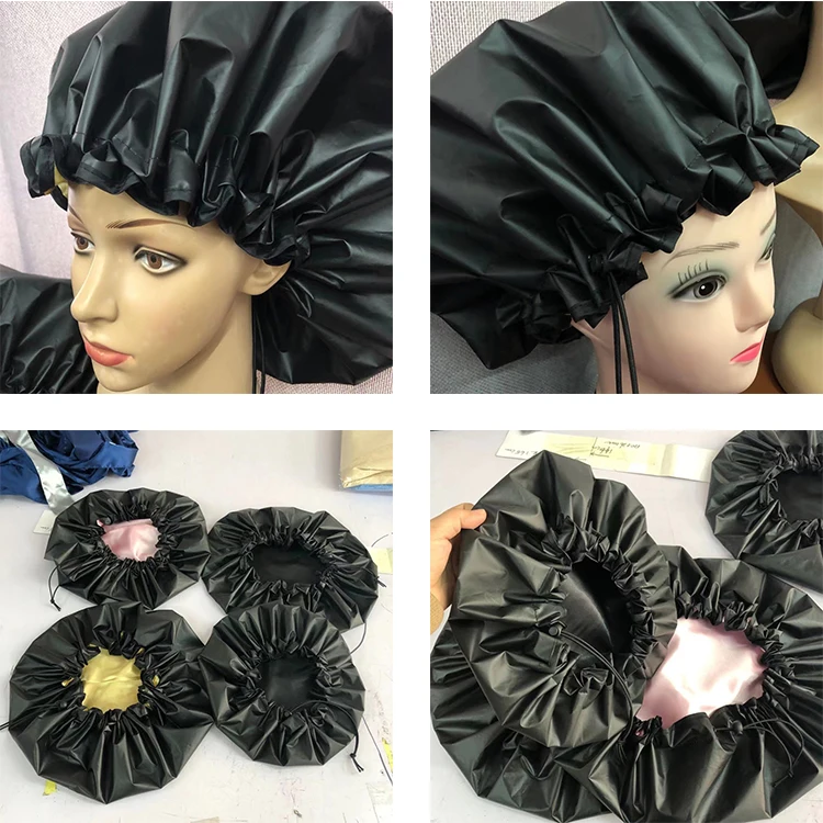 Cutom double lalyers Shower Hat Wholesale Hair Salon Bathing Hats With a stopper Adjustable