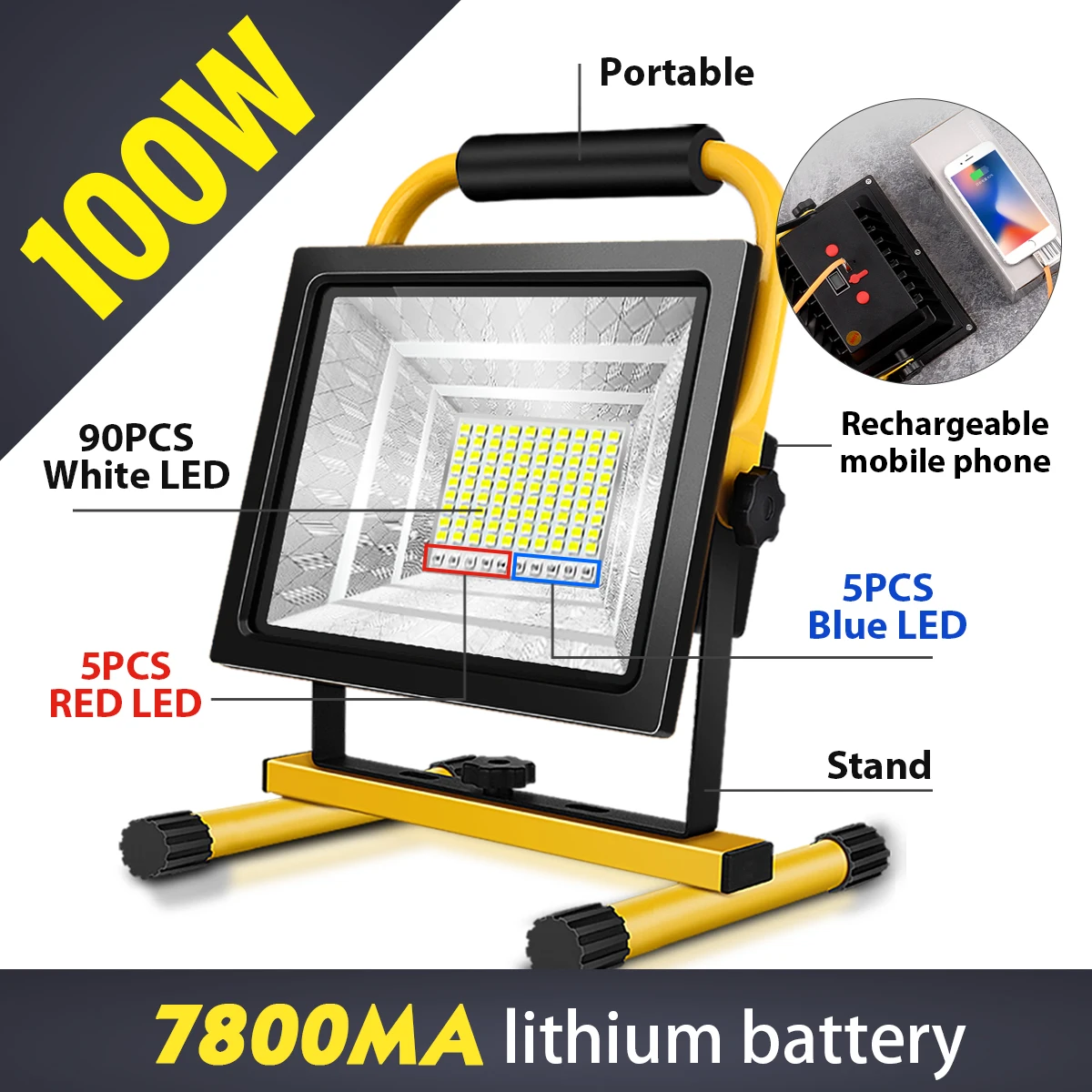 [100W 100LED] Spotlights Work Lights Outdoor Camping Lights, Built-in Rechargeable  Lithium Batteries (with USB Ports to Charge