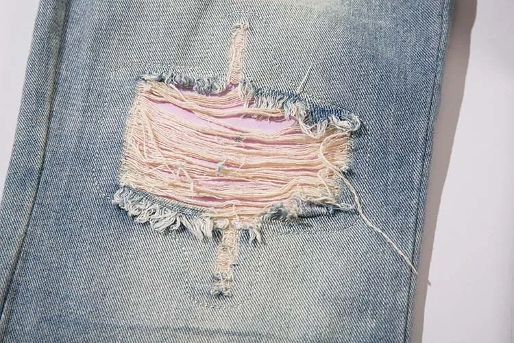 Patched Ripped Baggy Street Style Design Wide Leg Fashion Damaged Loose Denim Pants