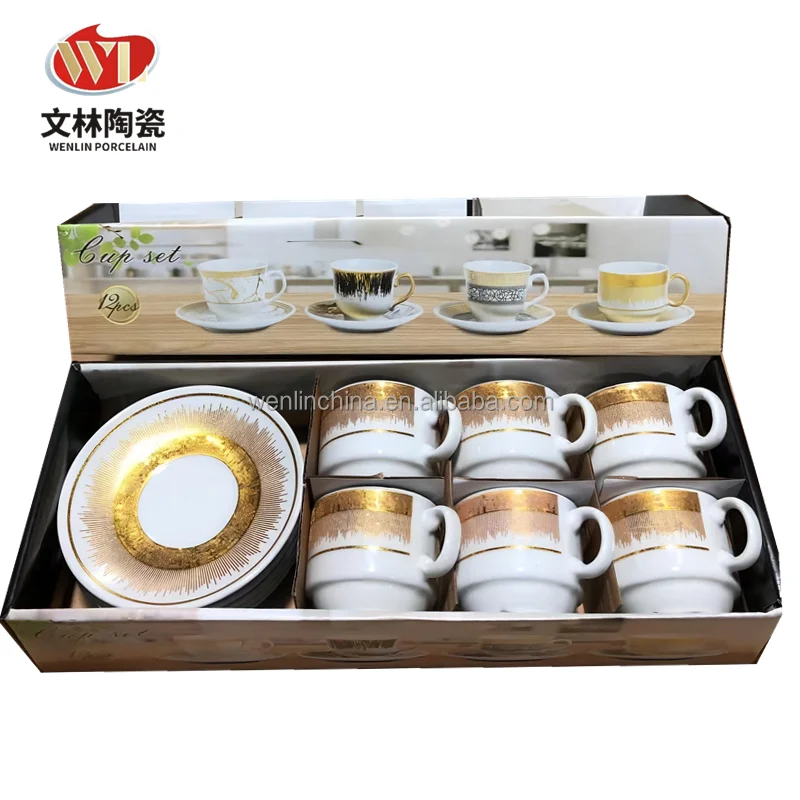 Wholesale High Quality Arabia Golden Color Ceramic Coffee Cup and Saucer Turkish Ethiopian 12pcs Tea Set Mug New Bone