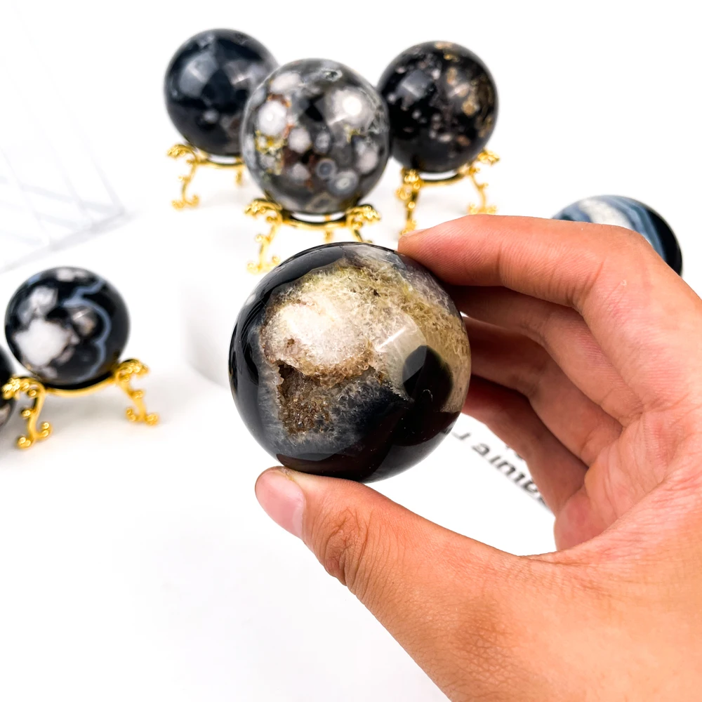 Hot Selling Recommend Nice Quality Natural Polished Large Shiny Sphere Crystal Black Cherry Blossom Agate Sphere for Meditation