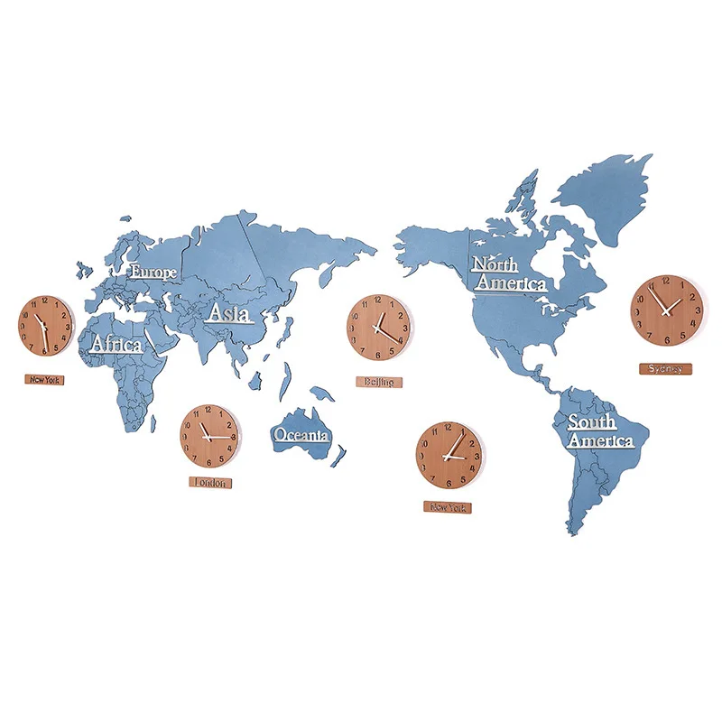 3D Silent Wall Clock Solid Wood World Map Wholesale