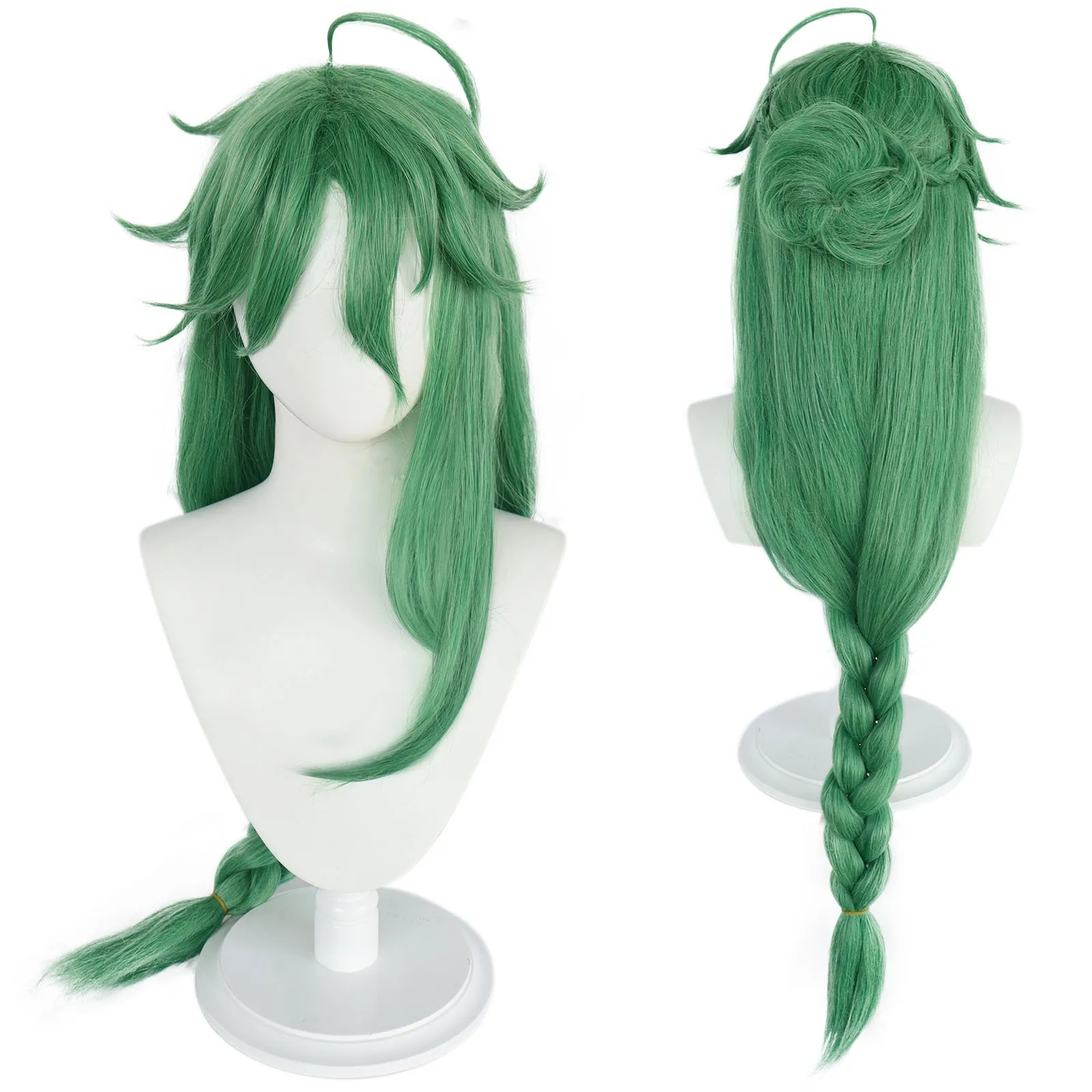 Baizhu Bai Zhu Cosplay Wig with Bangs Side Parting Hair Long Braid Green with Removable Bun
