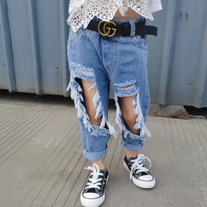 
SE3323 Kids Girls Boys Hole Jeans Ripped Big Hole Children Pants Fashion Broken Kids Jeans For Girls 