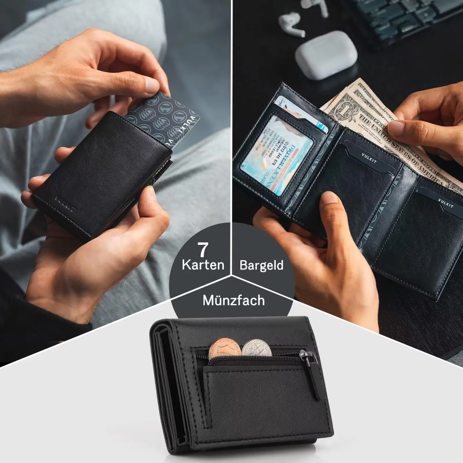 Leather Wallet with Coin Pocket  RFID Blocking Aluminum Protection Card Holder Small Mini Slim Wallet Pop Up Card Holder