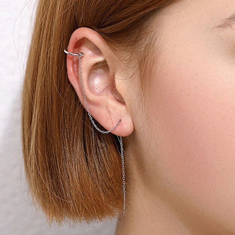 925 Sterling Silver Drop Wrap Tassel Earings Minimalist Crawler Ear Rings Ohrring Cuff Threader Hypoallergenic Chain Earrings