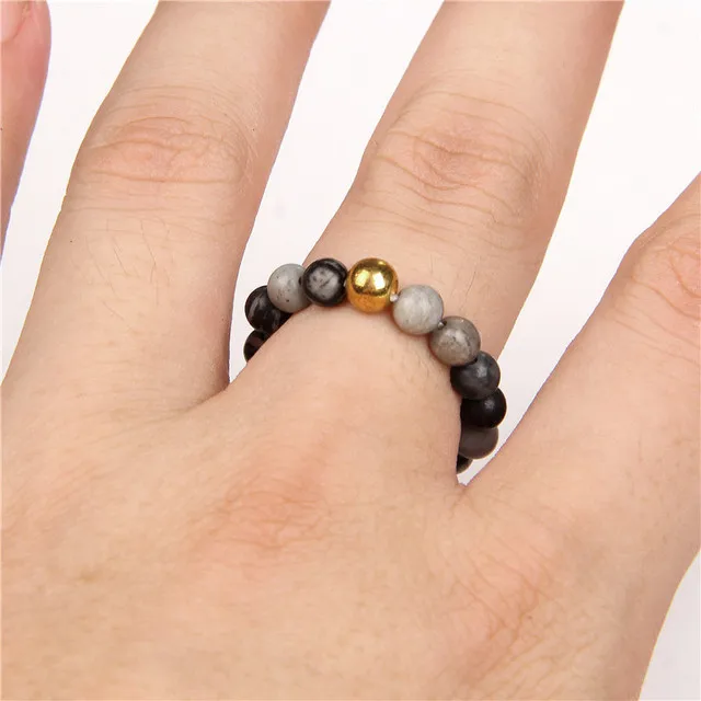 Handmade 4mm Natural Stone beaded Stackable Rings Stainless Steel Bead Multi Color Stretch Rope Party Gifts Ring Adjustable