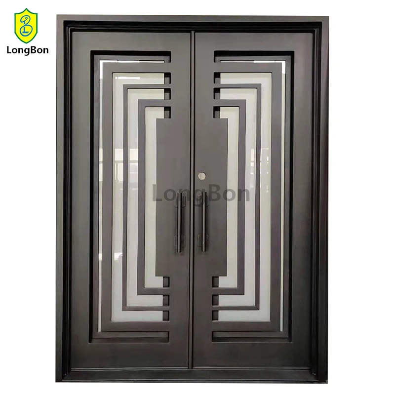 Entrance Doors Wrought Metal Front Door Glass Swing Iron Double Entry Doors Exterior Designs Modern for Home Steel Anti-theft