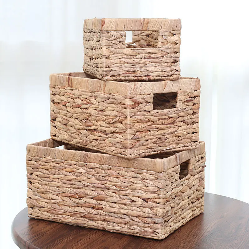 Wholesale Natural Color Home Storage Wicker Storage Baskets High Quality Rectangular Wicker Bins Water Hyacinth Storage Basket