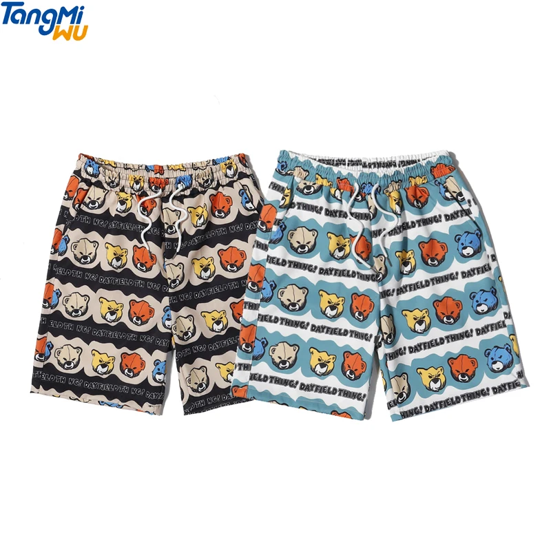 Street wear fashion Little bear print sweat shorts polyester stretch Quick dry stripe swimshorts men streetwear