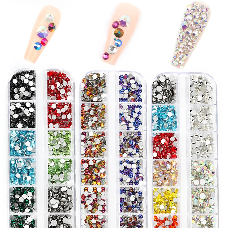 12 Grids Rhinestones Nail Art Decorations Flat-back AB Colors Crystals 3D DIY Tips Shiny Nail Gems Mixed Size Glass Stone